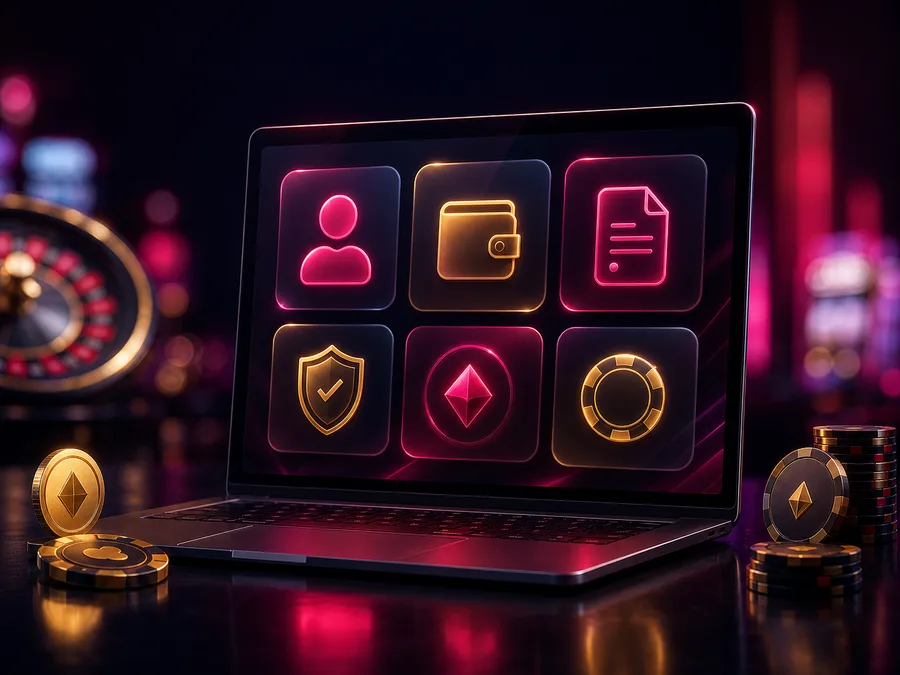 Ekran centrum pomocy NV Casino z kategoriami tematów na laptopie